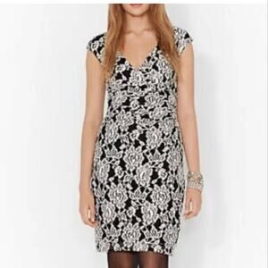 Lauren Ralph Lauren Ruched Jersey Stretch Black White Lace Wrap Dress Fitted 12